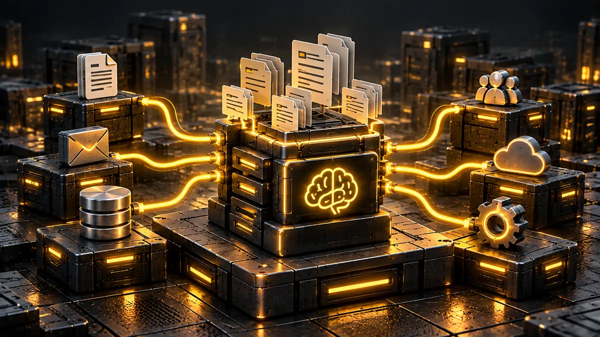 Illustration: glowing yellow lines link a document, an email, a database, a team, a cloud and a gear to a central graphite core marked with a brain, with papers filed on top.