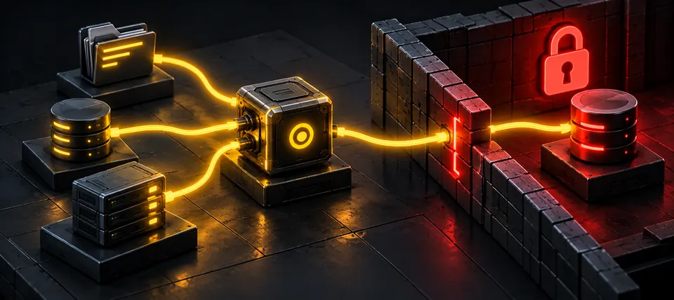 Illustration: a glowing cube, wired to a file folder, a database and a server, runs a cable through a red-lit wall to a locked database behind it.