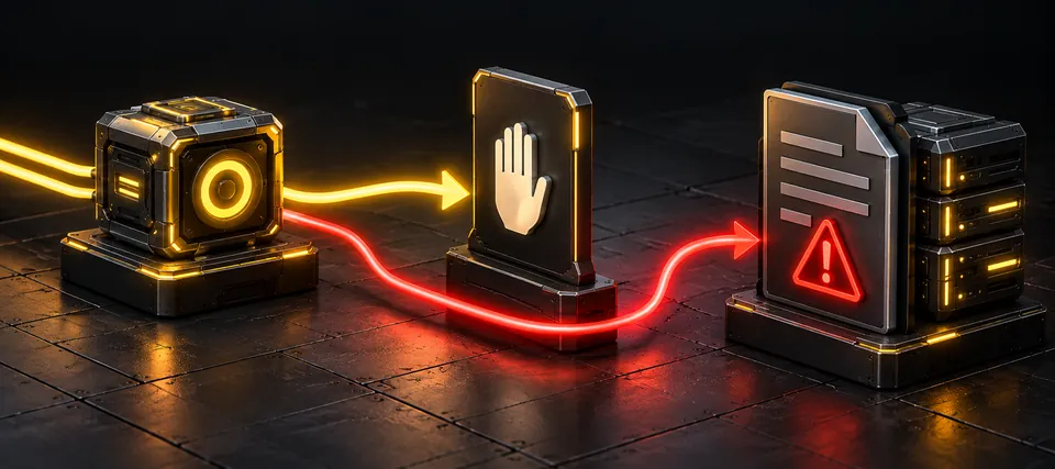 Illustration: a glowing cube's yellow path stops at a raised-hand approval sign, while a red path curves around the sign to a document and server marked with a warning.