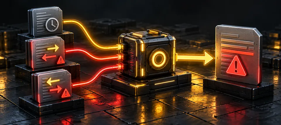 Illustration: a dated document and two conflicting documents marked with warnings feed into a glowing cube, which sends out a document marked with a warning.
