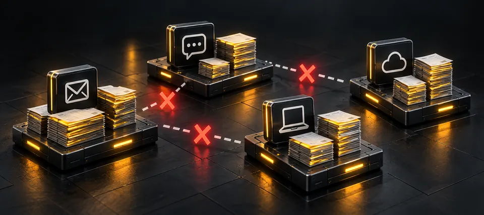 Illustration: stacks of documents on four separate platforms marked email, chat, laptop and cloud, with broken dashed links between them.
