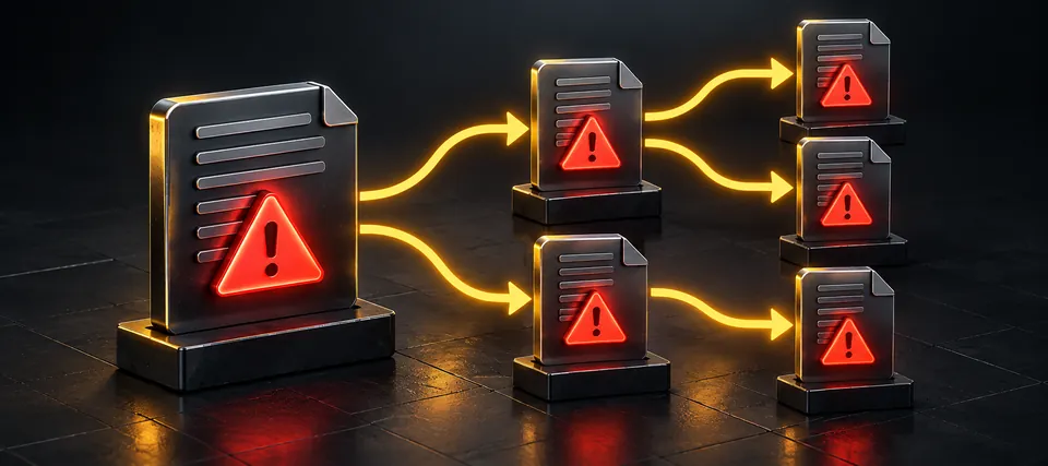 Illustration: a document marked with a warning branches into copies, each marked with the same warning, multiplying across the frame.