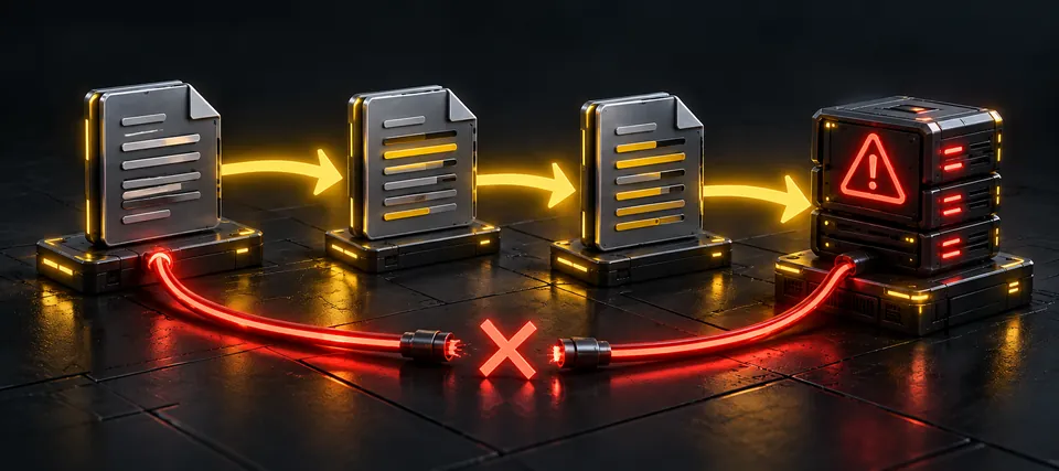 Illustration: a document changes across three steps on its way to a server marked with a warning, and the red cable leading back to the first document is disconnected.